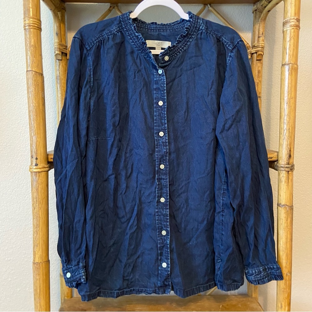 Loft Plus Chambray Ruffle Button Down Long Sleeve Blouse